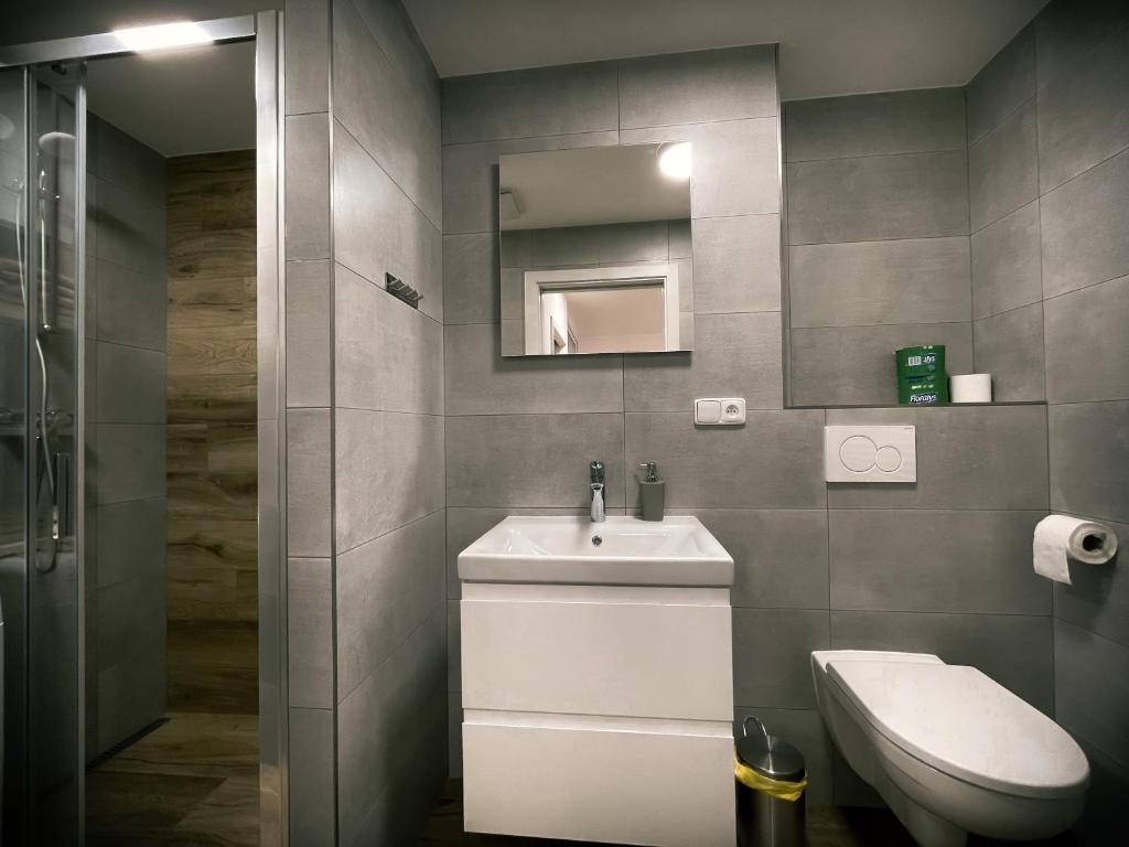 Łazienka w obiekcie U Králíka, přízemní bezbarierové apartmány A,B,C,D - 50 metrů od vleku - přejdete v lyžácích, pod bobovou dráhou, parkování zdarma, lyžárna s vysoušeči bot,
