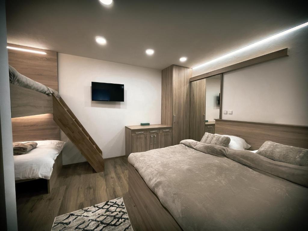 sypialnia z dwoma łóżkami i telewizorem na ścianie w obiekcie U Králíka, přízemní bezbarierové apartmány A,B,C,D - 50 metrů od vleku - přejdete v lyžácích, pod bobovou dráhou, parkování zdarma, lyžárna s vysoušeči bot, w mieście Dolní Morava