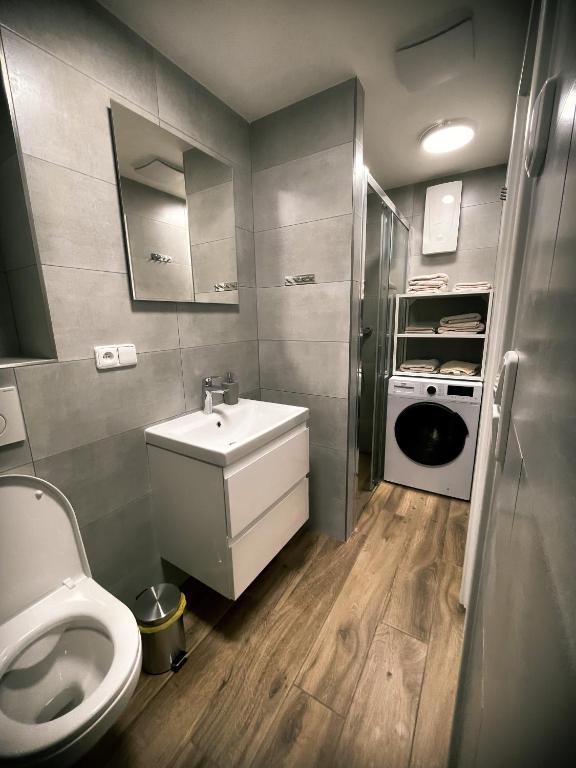 Łazienka w obiekcie U Králíka, přízemní bezbarierové apartmány A,B,C,D - 50 metrů od vleku - přejdete v lyžácích, pod bobovou dráhou, parkování zdarma, lyžárna s vysoušeči bot,