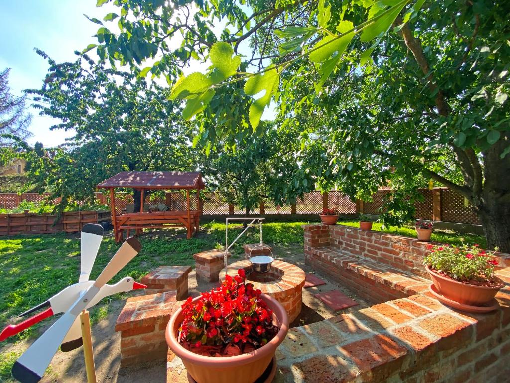 Vizililiom Vendégház في تيسزافوريد: حديقة بها قدور من الزهور وشرفة