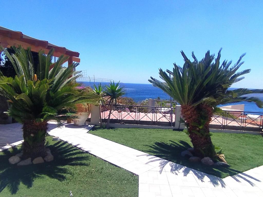 two palm trees on a lawn with the ocean in the background at The South House, Mountain and Sea View in Paránimfoi