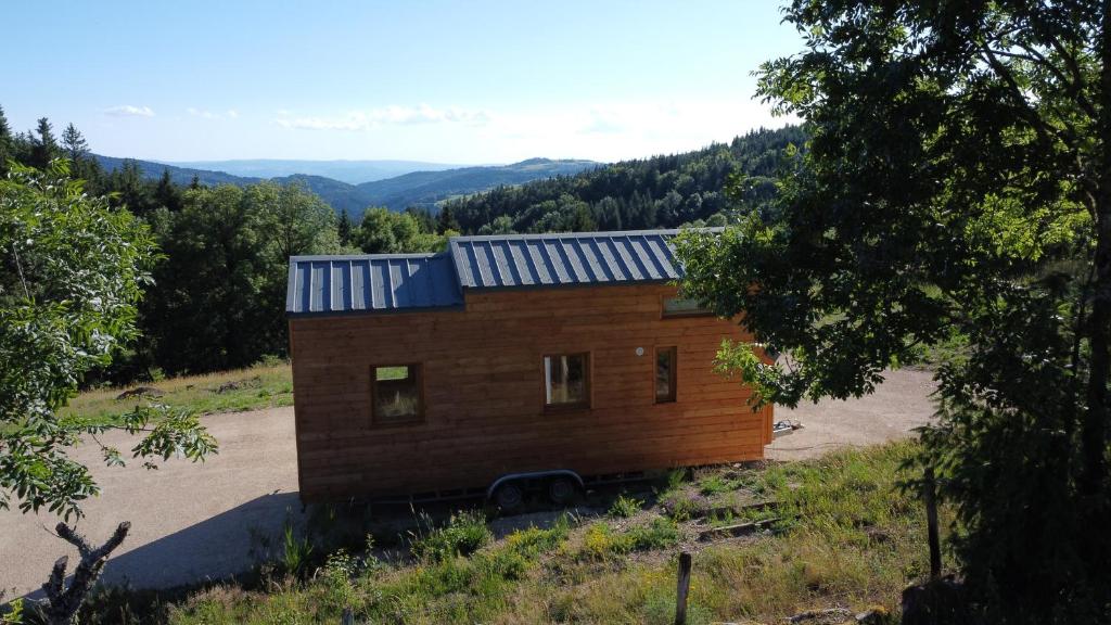 una pequeña cabaña de madera en medio de una colina en Tiny House LA RUCHETTE en Sembadel