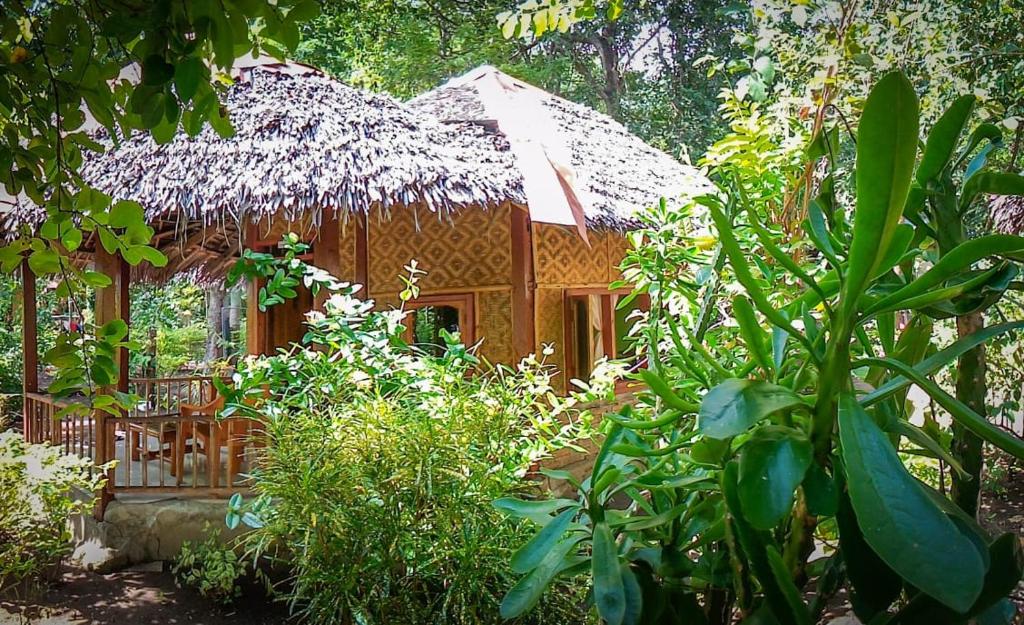 una piccola casa in legno con tetto di paglia di Sunset Cottages a Hitokalak