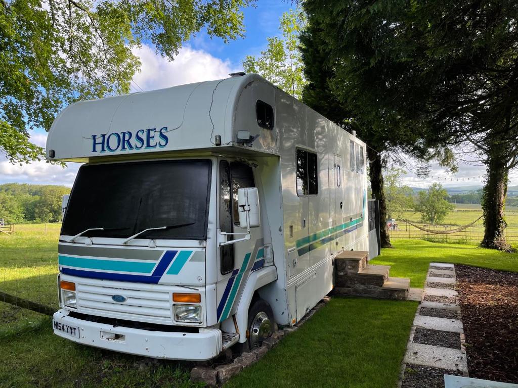 un camion bianco parcheggiato sull'erba vicino a un albero di Dobbin the horse box in The Lake District a Cockermouth