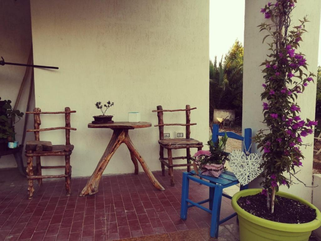 una stanza con tavolo, sedie e piante in vaso di Villa del Lupo a Santa Maria la Palma