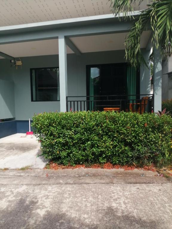 a green bush in front of a building at Na Na Twinhouse in Bang Tao Beach