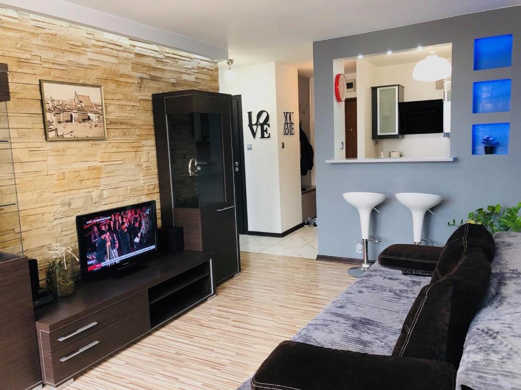 ein Wohnzimmer mit einem Sofa und einem Flachbild-TV in der Unterkunft Chłodna in Warschau
