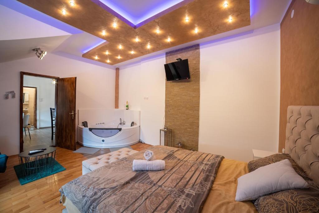 una camera da letto con vasca e un letto con luci di Delux Apartmani Požarevac a Požarevac