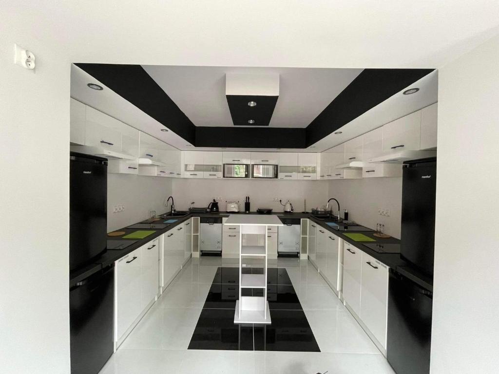 a kitchen with white cabinets and a black and white ceiling at Willa Barwy Wspomnień in Muszyna