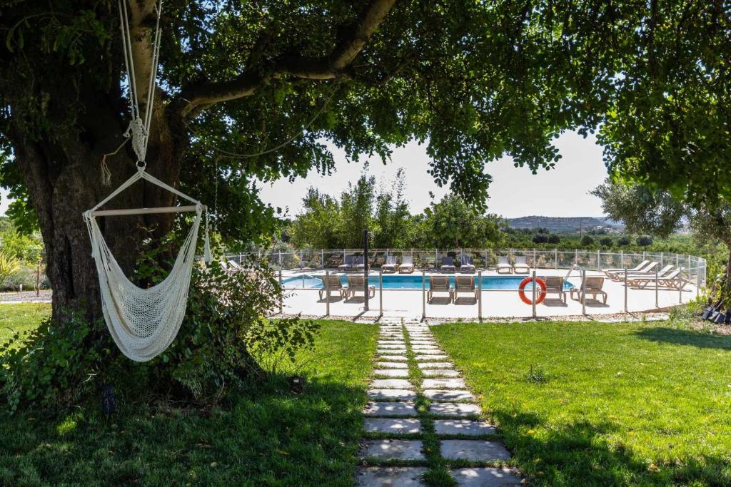 eine Hängematte, die von einem Baum neben einem Pool hängt in der Unterkunft Quinta da Capelinha Agroturismo in Tavira