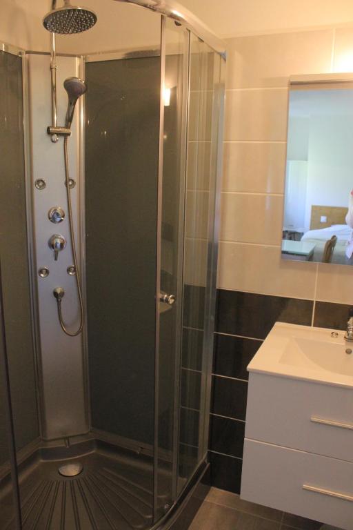 eine Dusche mit Glastür im Bad in der Unterkunft Chez Mary in Vanosc