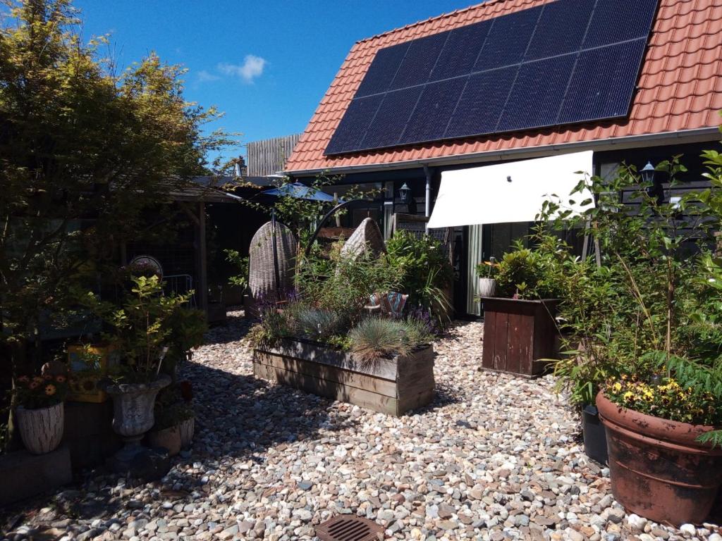 a garden with a house with solar panels on the roof at Tiny House Holland in Oudesluis