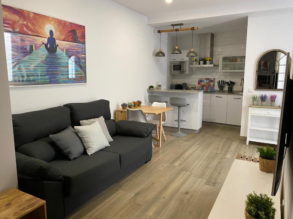 Il comprend un salon avec un canapé et une cuisine. dans l'établissement LA SUITE DES COULEURS - Apartamento en pleno centro de Córdoba - CÓRDOBA SUITES, à Cordoue
