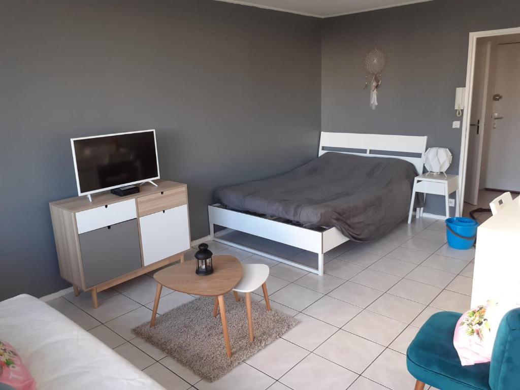 une chambre avec un lit, une télévision et une table dans l'établissement Ideal T1 BALCON 2 personnes, à Saint Etienne