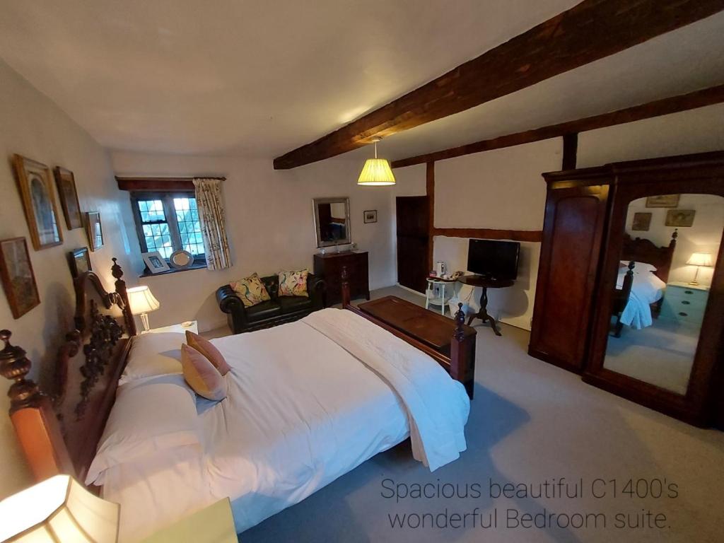 ein Schlafzimmer mit einem großen Bett und einem großen Spiegel in der Unterkunft Riber Hall Manor in Matlock Bank