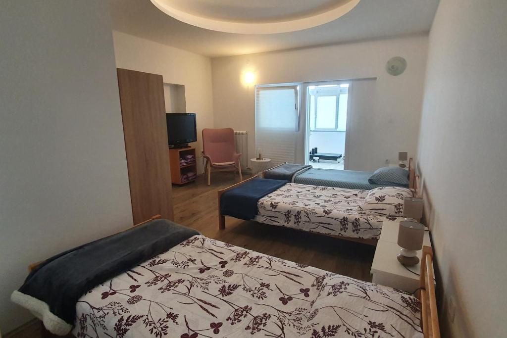 pokój hotelowy z dwoma łóżkami i telewizorem w obiekcie Relaxing apartment Gardens for max 8 persons in green central Istria w mieście Novaki Pazinski