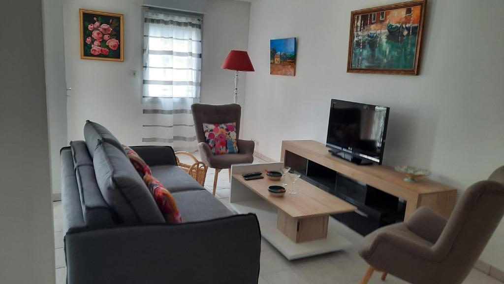 Televisyen dan/atau pusat hiburan di Les Romarins, appartement impeccable et son parking privé
