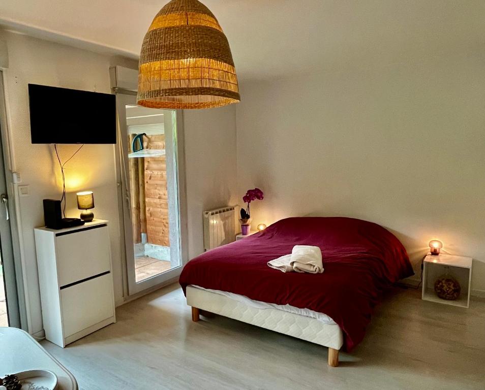 1 dormitorio con 1 cama con manta roja en Cassis - Studio terrasse - Centre Dijon BSB Jouvence, en Dijon