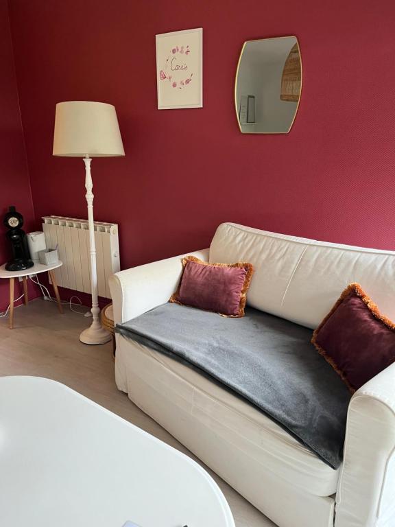 sala de estar con sofá blanco y espejo en Cassis - Studio terrasse - Centre Dijon BSB Jouvence, en Dijon