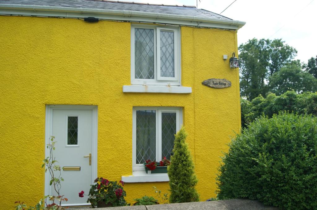 a yellow house with a white door and window at APPLE COTTAGE in Brynamman