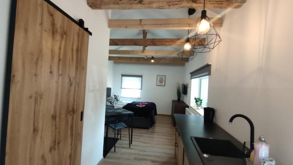 een keuken en een woonkamer met een houten deur en een tafel bij Rooms Silesia in Katowice