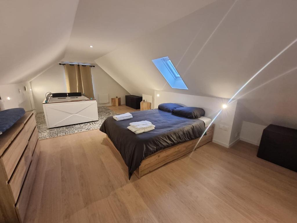 1 dormitorio en el ático con 1 cama y tragaluz en Privée : Jacuzzi + sauna + billard + jeux SO en Saint-Quentin