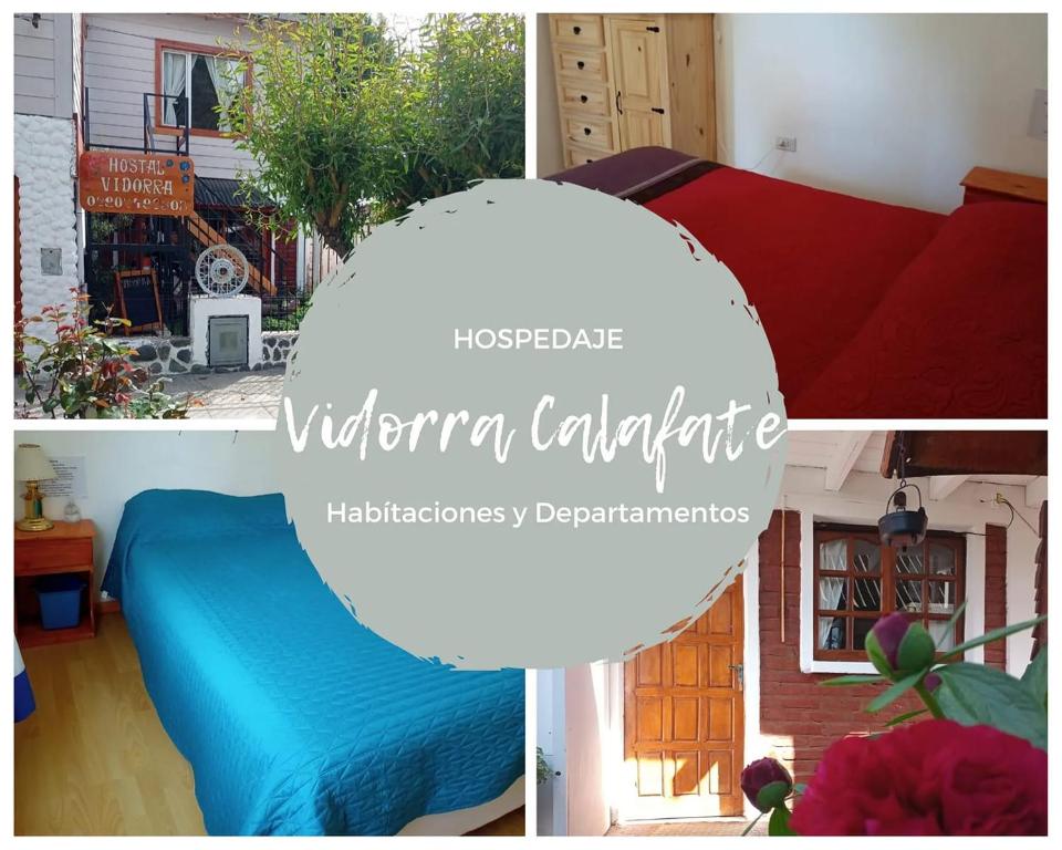 eine Collage mit Bildern eines Zimmers mit einem Bett in der Unterkunft Vidorra Calafate in El Calafate