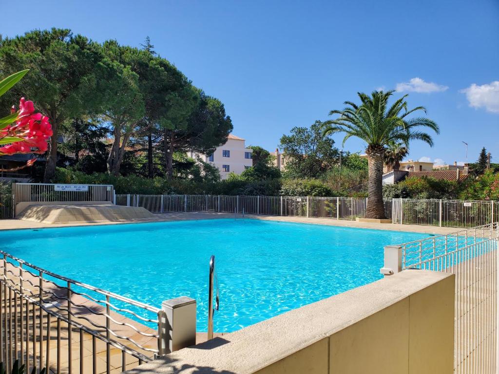 une grande piscine bleue avec une clôture et des arbres dans l'établissement MIOUGRANO 2 Pieces Climatise 40m2 Piscine Parking, à Fréjus