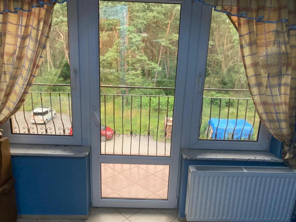 two windows in a room with a view of a yard at Pokoje Gościnne Gdańska 21 J in Świnoujście
