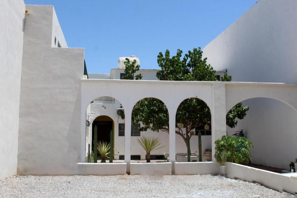 une maison blanche avec des arbres dans la cour dans l'établissement Hotel Casa Hidalgo, à Torreón