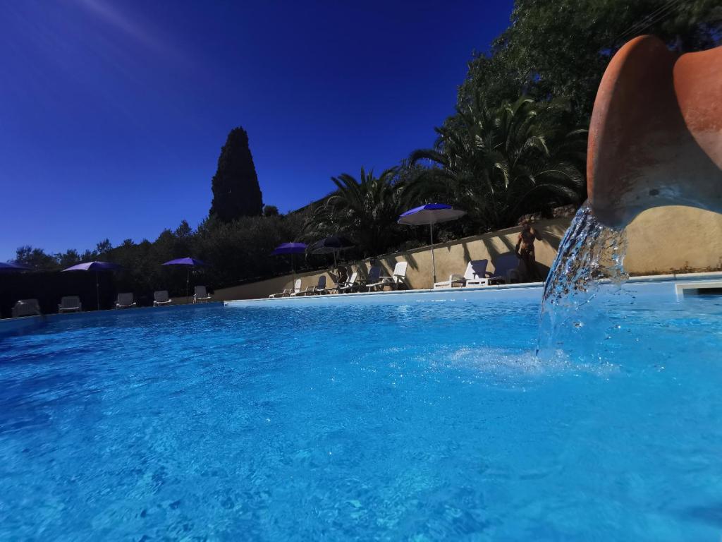 Ein Delfin springt aus einem Pool in der Unterkunft Fattoria della Sabatina in La Sabatina