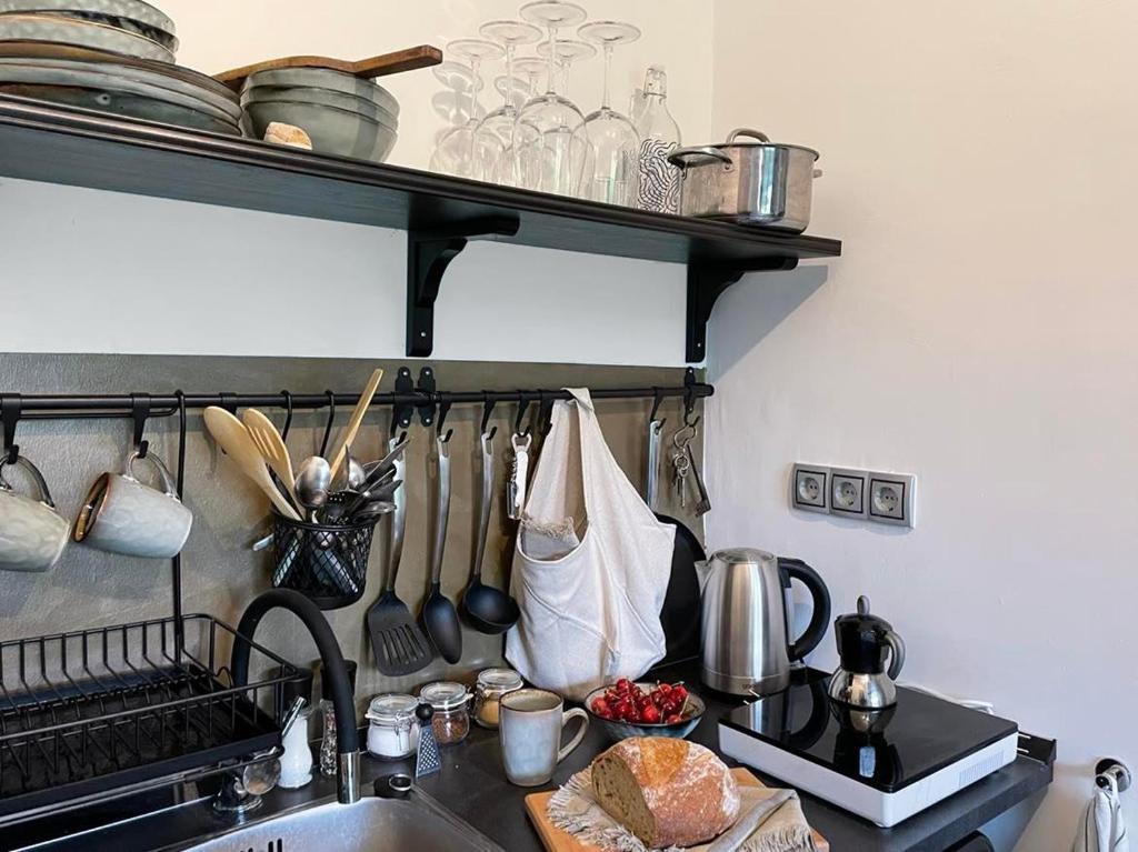 kuchnia ze zlewem i blatem z przyborami kuchennymi w obiekcie Zéta Apartman és Vendégház Monostorapáti w mieście Monostorapáti