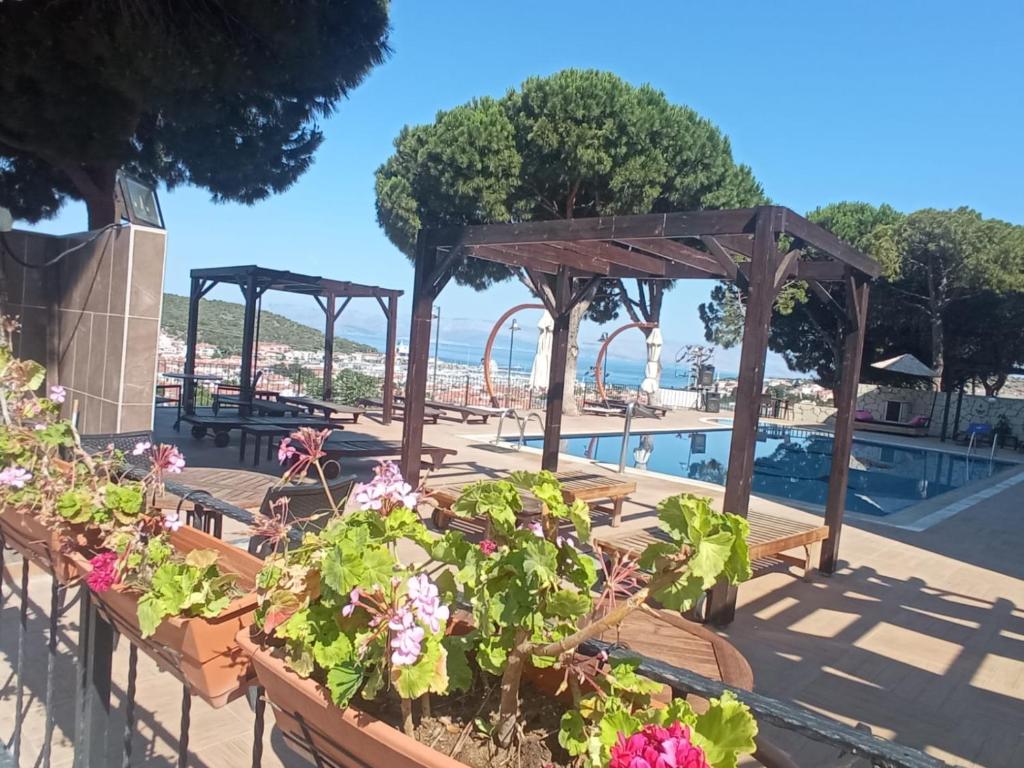 a patio with flowers and a swimming pool at My Solmaz Hotel in Çeşme