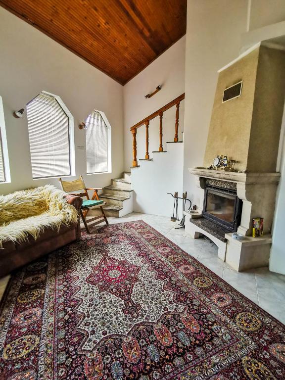 a living room with a fireplace and a rug at Къща за гости,,Вила Росица,, in Shabla