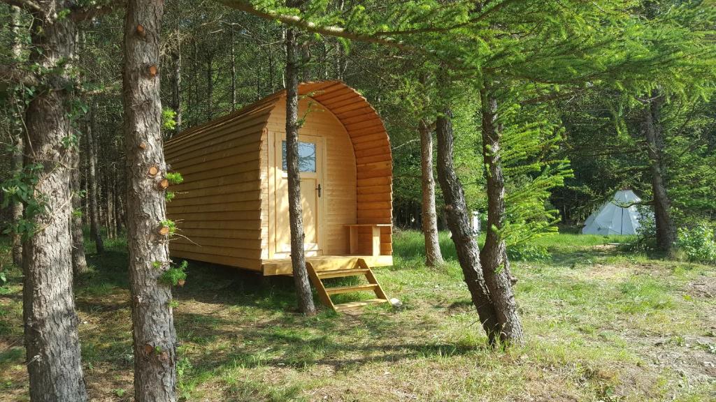 a wooden cabin in the middle of a forest at Glamping Pod in Nordholz