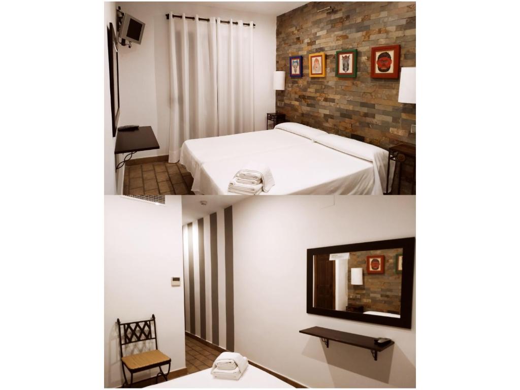 2 fotos de una habitación de hotel con cama y TV en Hospedería El Convento, en Estremera