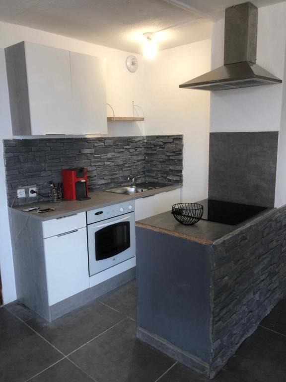 une cuisine avec un évier et une cuisinière four supérieur dans l'établissement Super beau studio, à Port-la-Nouvelle