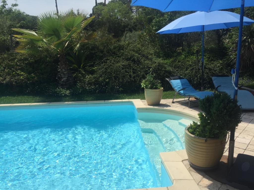 uma piscina azul com guarda-sol e cadeiras em Le Mas du Sud em Draguignan