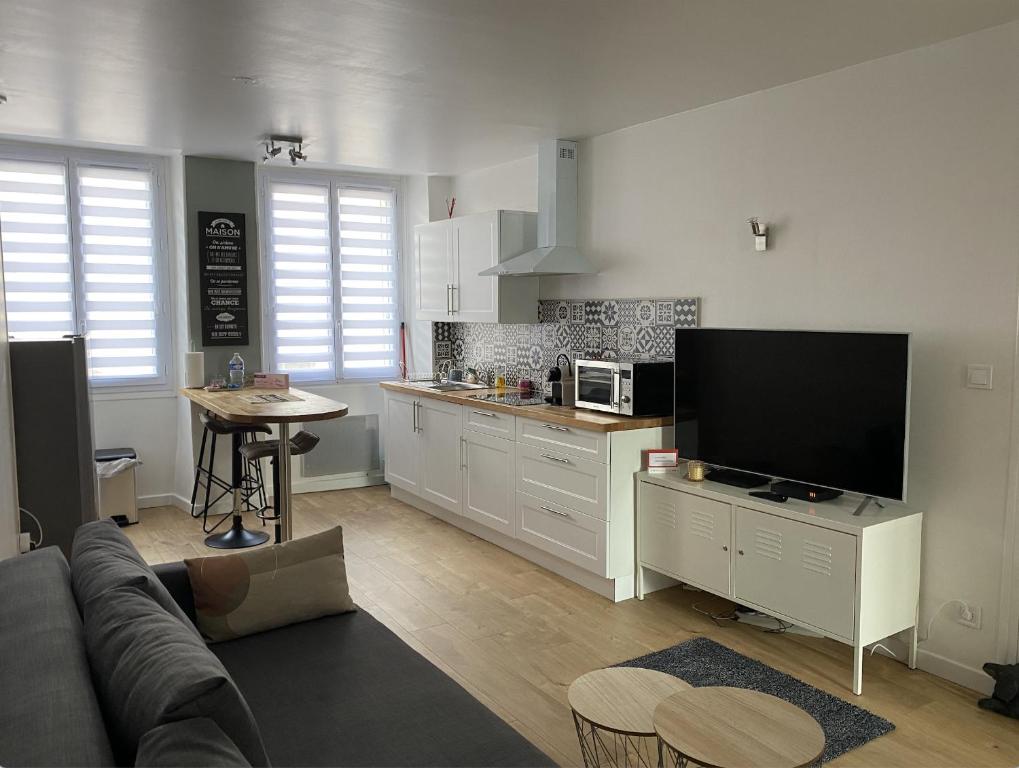 a living room with a couch and a flat screen tv at Le Petit Cesar in Hautvillers