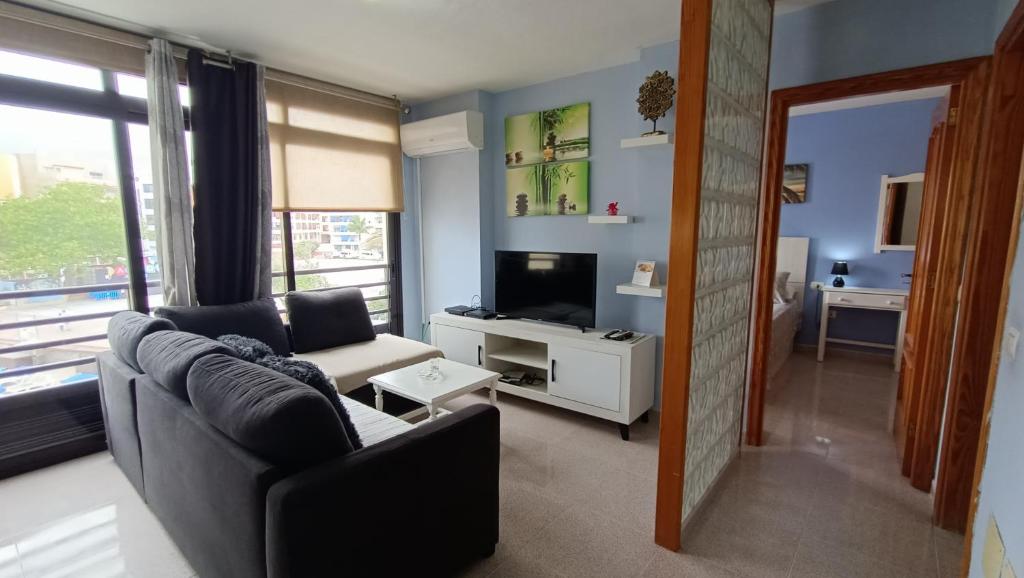 Una sala de estar con un sofá y un televisor. en Views of El Medano beach, two, en El Médano