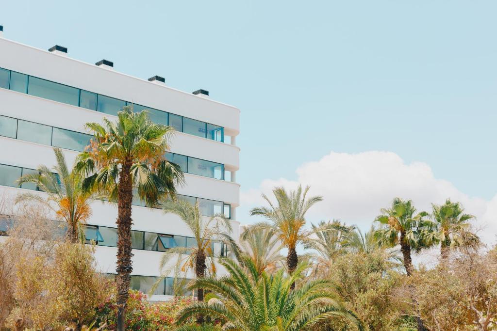 ein Gebäude mit Palmen davor in der Unterkunft El Hotel Pacha in Ibiza-Stadt