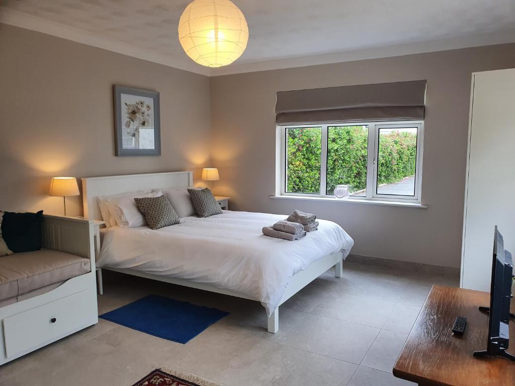 een slaapkamer met een bed, een bank en een raam bij Five Ferns House in Westport