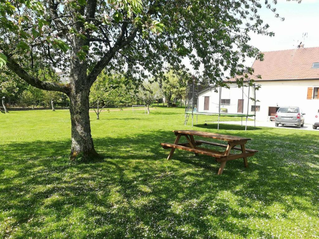 una mesa de picnic bajo un árbol en un campo en Studio à la campagne dans corps de ferme rénovée, en Chancey