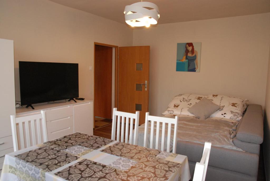 a small room with a couch and a television and a table at Apartament Manhatan 4 in Ustroń