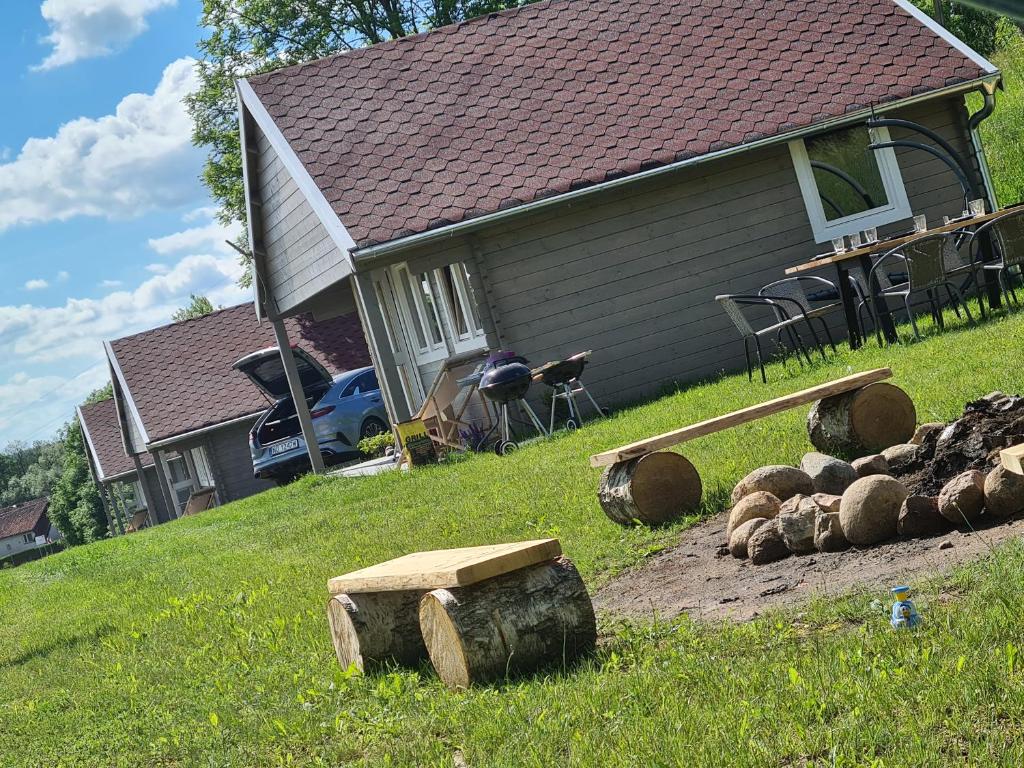 a house with a bunch of logs in the yard at Jesionowe Domki in Zełwągi