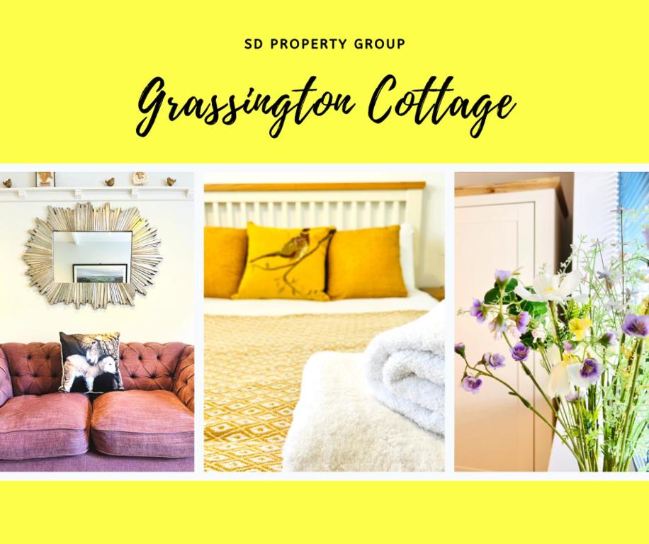 a collage of photos of a room with yellow and purple at Grassington Cottage in Grassington