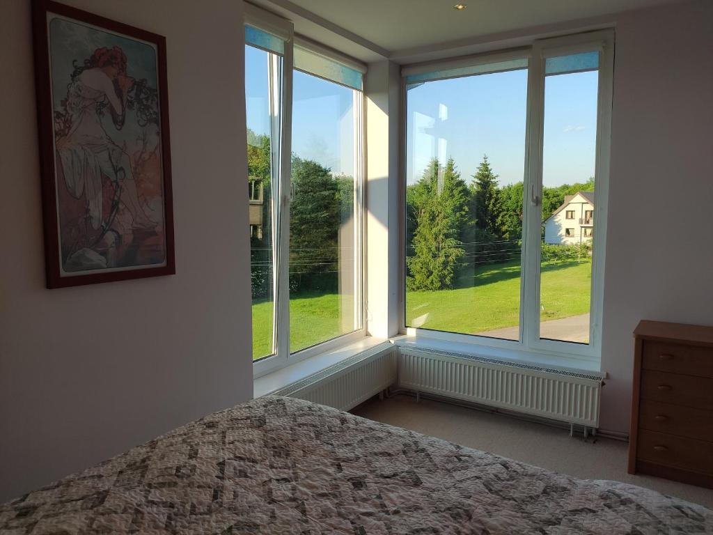 a bedroom with a bed and two windows with a view at Spacious 110 M2 Apartment With Forest View in Zapyškis