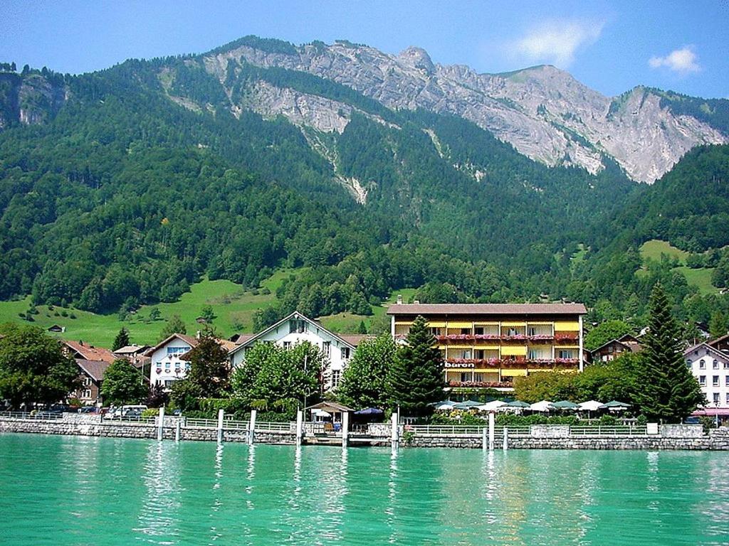 a large body of water in front of a mountain at Seehotel Bären in Brienz