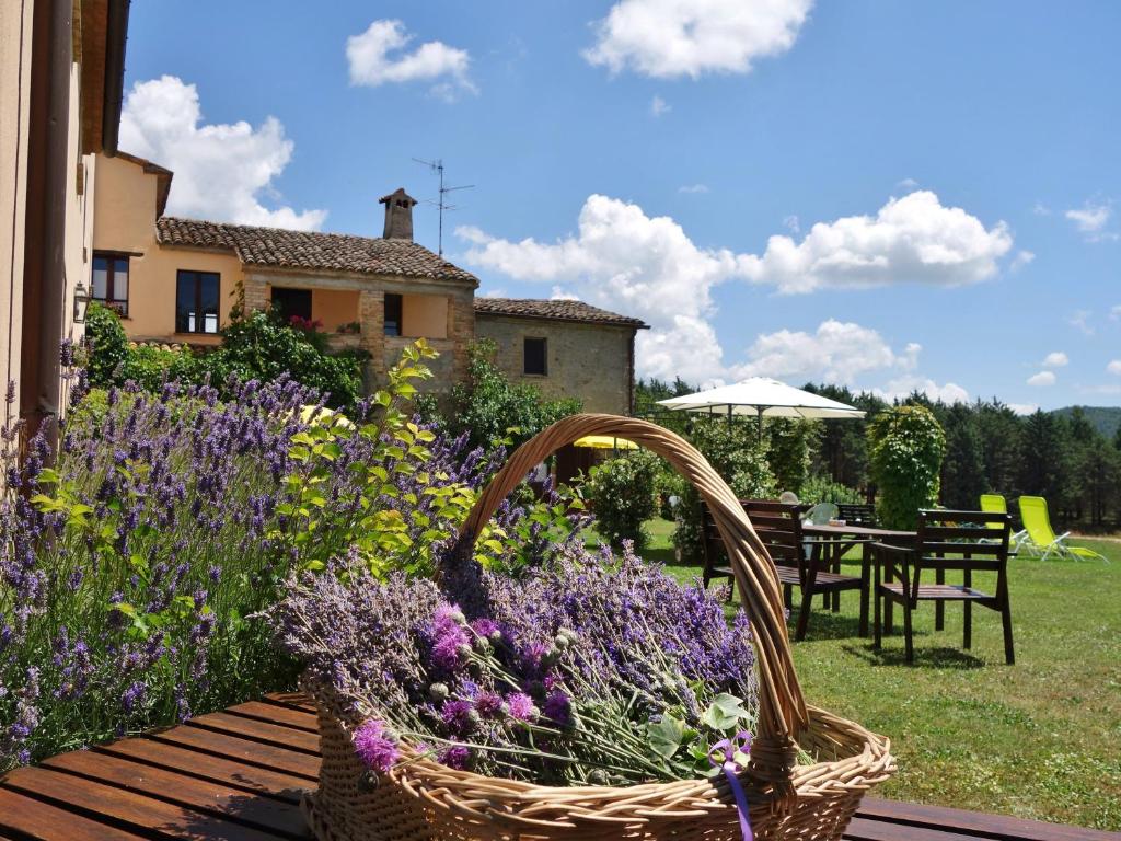 ein Korbkorb auf einer Bank im Garten in der Unterkunft Agriturismo Monterosello in Città di Castello