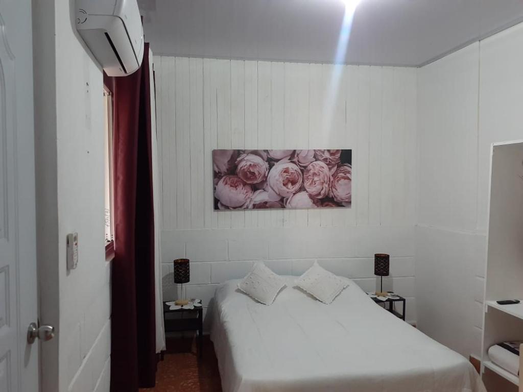 una camera da letto con un letto bianco con rose rosa sul muro di Apartamento Hogareño a Jarabacoa
